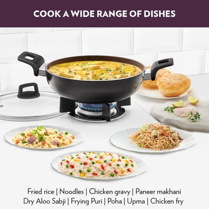 Borosil Granito Non-Stick Kadhai with Glass Lid, Induction Friendly, Granite Finish, PFOA-Free, 24 cm Diameter