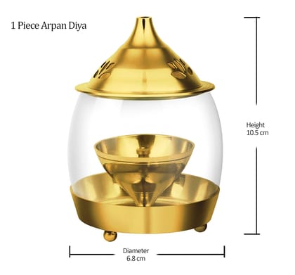 Treo by Milton Arpan Decorative Brass Diya for Puja with Borosilicate Curved Glass Cover , Small