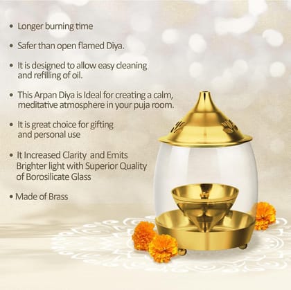 Treo by Milton Arpan Decorative Brass Diya for Puja with Borosilicate Curved Glass Cover , Large