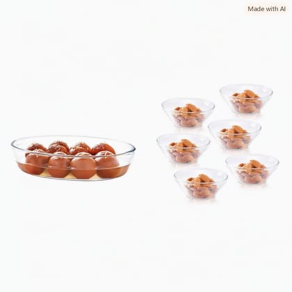 Borosil Oval Baking Dish, 700ml, Transparent & Venus Glass Katori Set, 170ml, Set of 6, Transparent Combo