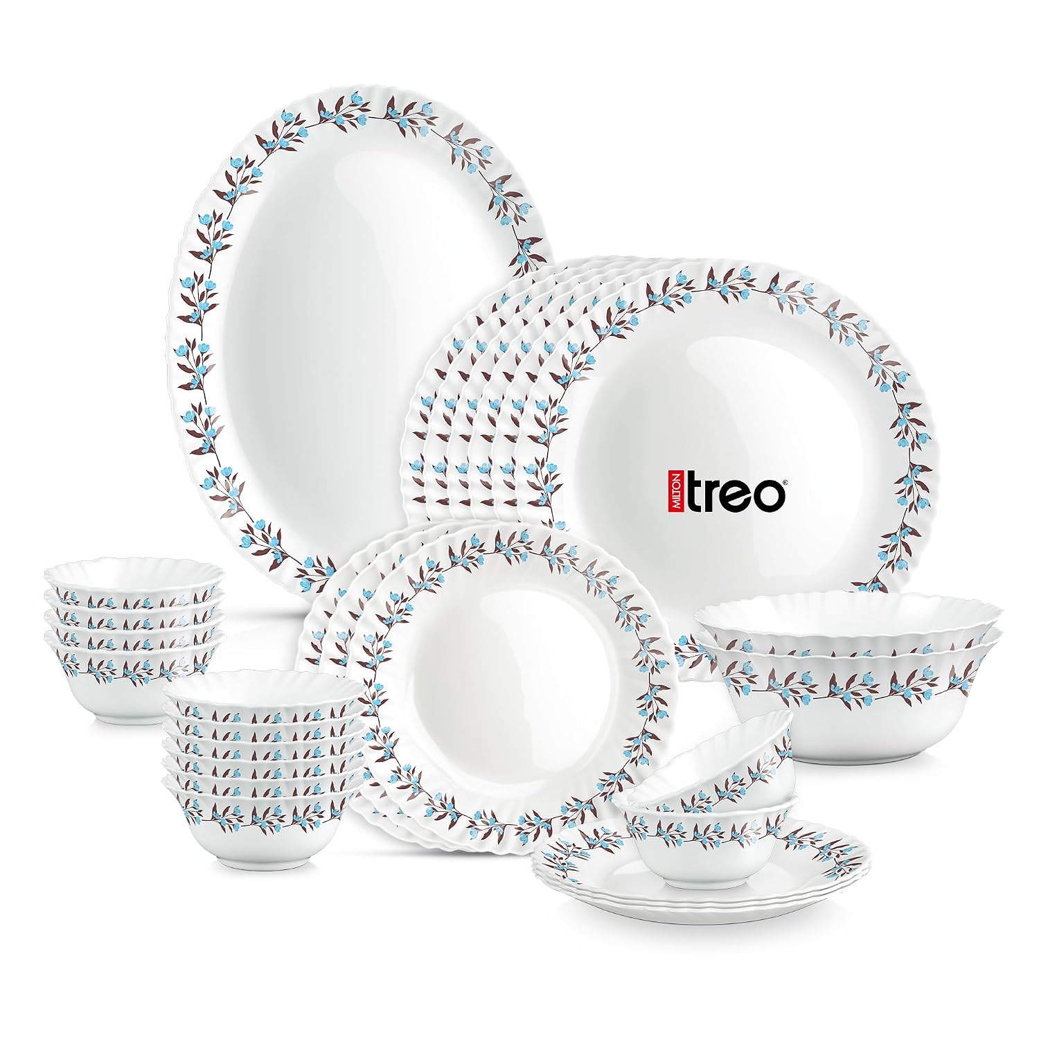 Treo by Milton Opalware Aurelia Lavelle Dinner Set of 27 | Serving for 6 | Microwave & Dishwasher Safe | Bone-Ash Free | Tempered Toughness | Plates & Bowls | Crockery Set for Dining & Gifting
