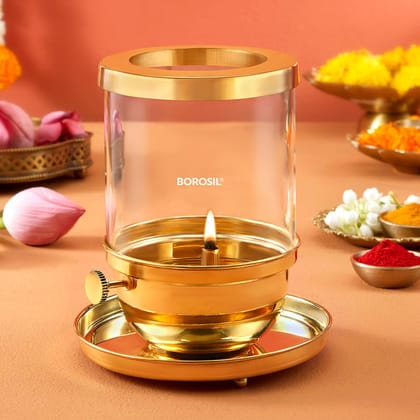 Borosil Large Size Vandana Diya Decorative Brass Oil Lamp | Tea Light Holder | Puja Dia for Mandir | Lantern Deepam with Borosilicate Glass Cover